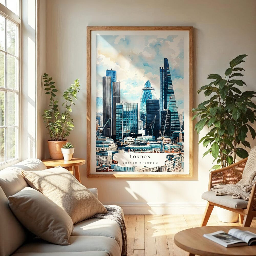 04 - London Business Skyline Watercolor Wall Art in Boho Living Room 04 - London Business Skyline Watercolor Wall Art in Boho Living Room