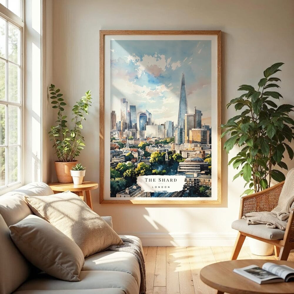04 - London The Shard Watercolor Wall Art in Boho Living Room 04 - London The Shard Watercolor Wall Art in Boho Living Room