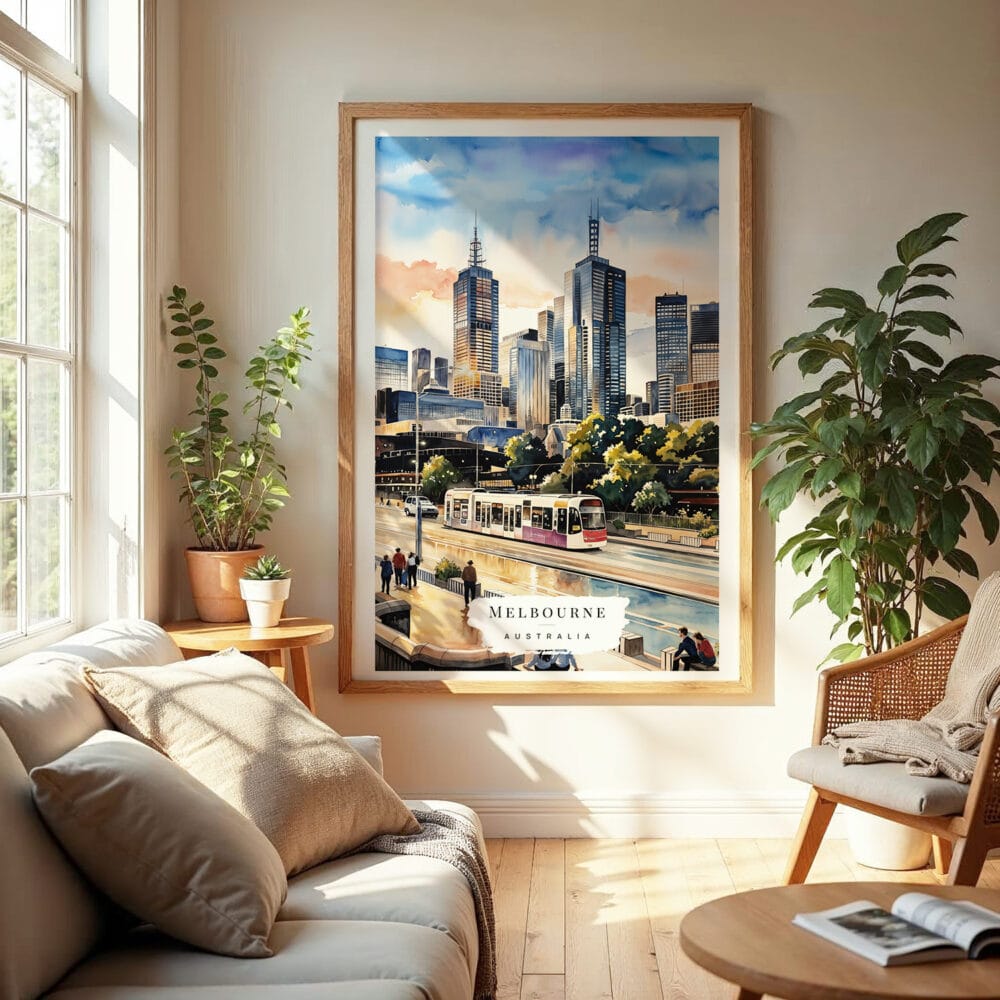 04 - Melbourne Watercolor Wall Art in Boho Living Room 04 - Melbourne Watercolor Wall Art in Boho Living Room