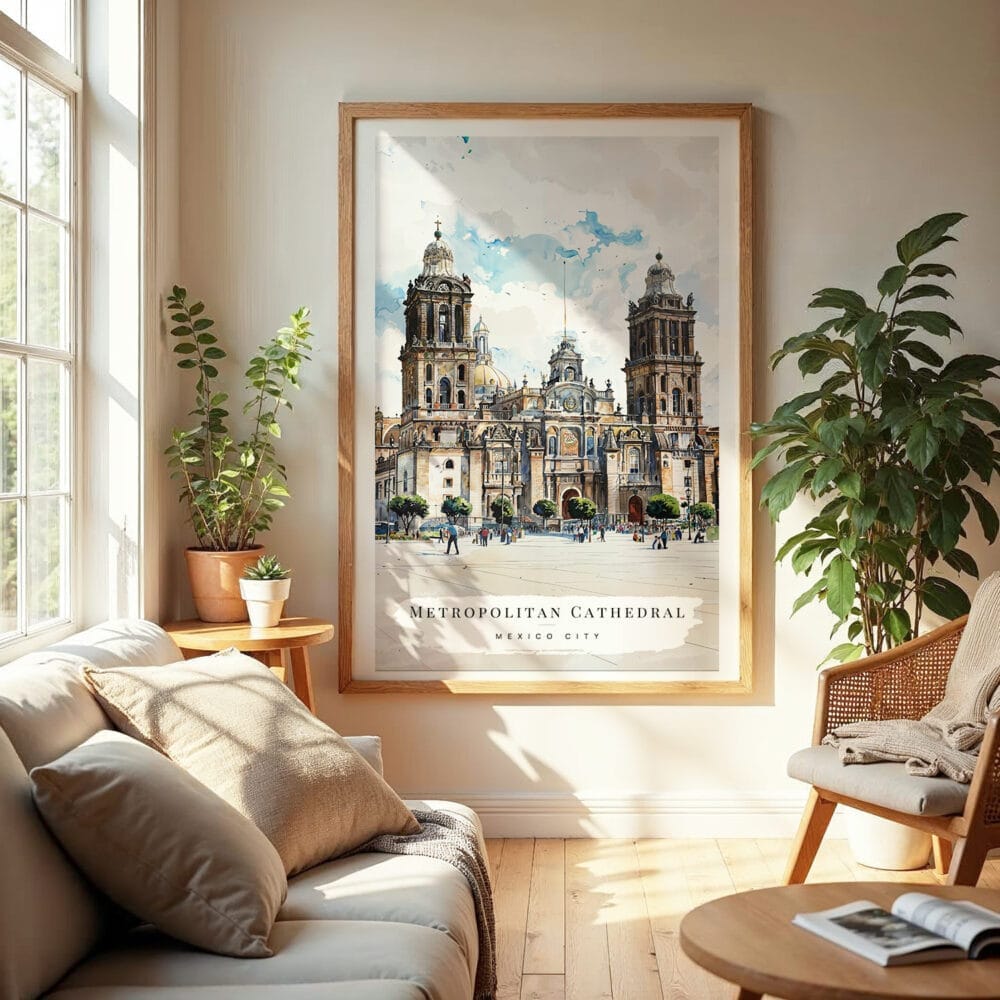 04 - Mexico Metropolitan Cathedral Watercolor Wall Art in Boho Living Room 04 - Mexico Metropolitan Cathedral Watercolor Wall Art in Boho Living Room