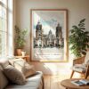 04 - Mexico Metropolitan Cathedral Watercolor Wall Art in Boho Living Room