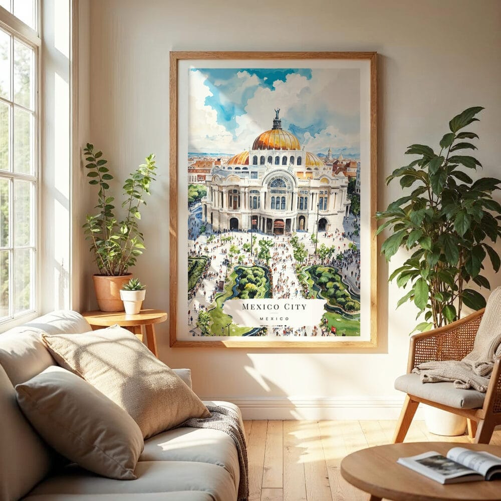 04 - Mexico Palacio de Bellas Artes Watercolor Wall Art in Boho Living Room 04 - Mexico Palacio de Bellas Artes Watercolor Wall Art in Boho Living Room