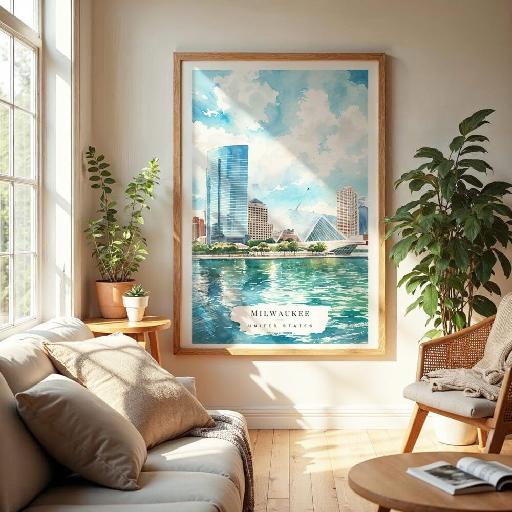 04 - Milwaukee Skyline Watercolor Wall Art in Boho Living Room 04 - Milwaukee Skyline Watercolor Wall Art in Boho Living Room