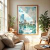 04 - Milwaukee Skyline Watercolor Wall Art in Boho Living Room