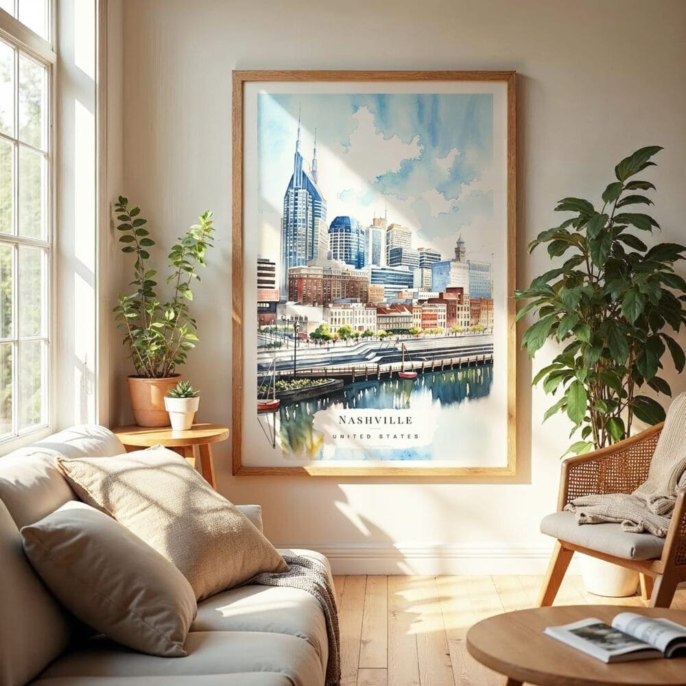 04 - Nashville Skyline Watercolor Wall Art in Boho Living Room 04 - Nashville Skyline Watercolor Wall Art in Boho Living Room