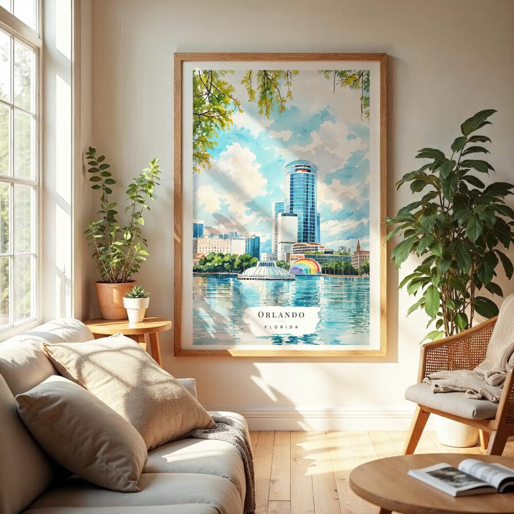 04 - Orlando Florida Watercolor Wall Art in Boho Living Room 04 - Orlando Florida Watercolor Wall Art in Boho Living Room