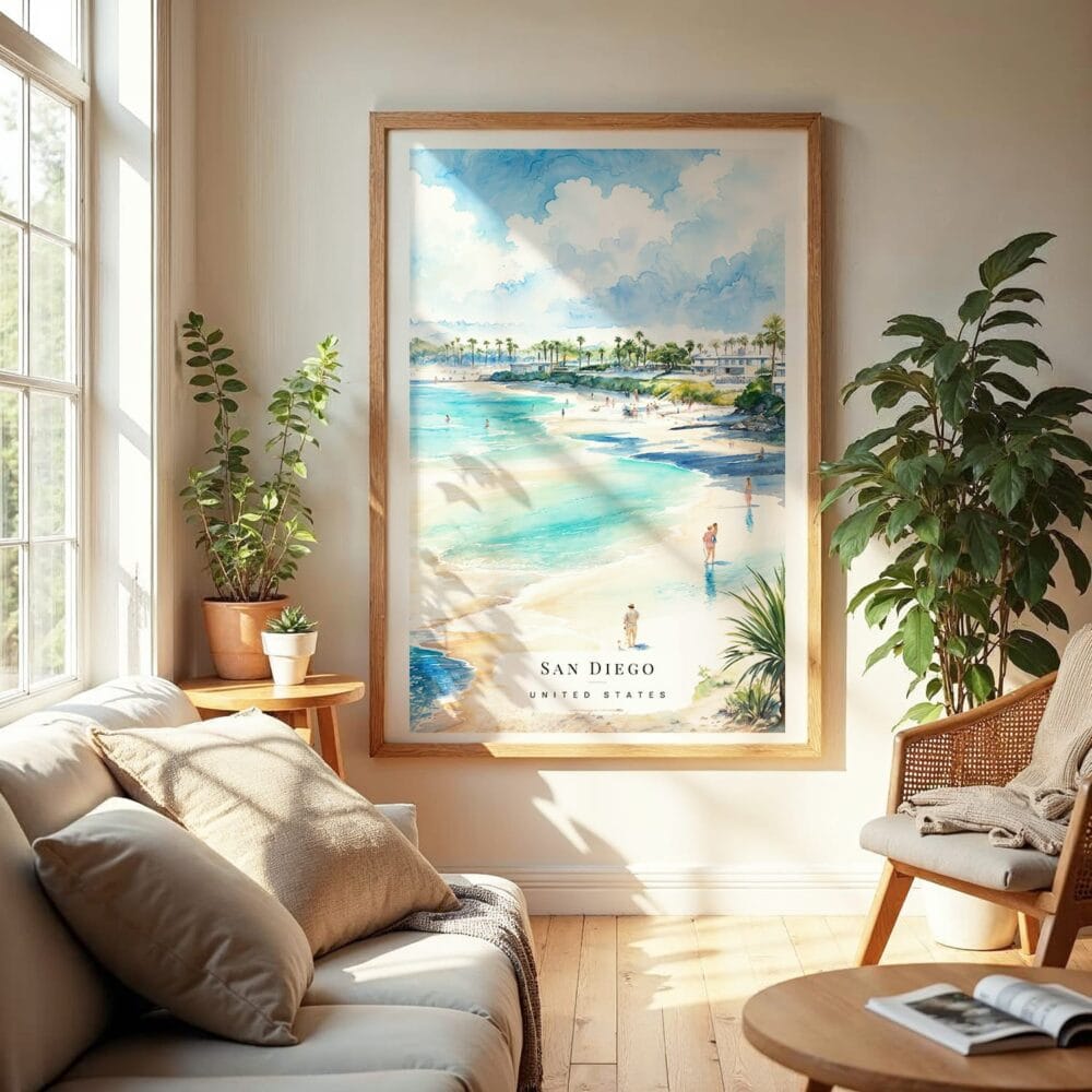 04 - San Diego Beach Watercolor Wall Art in Boho Living Room 04 - San Diego Beach Watercolor Wall Art in Boho Living Room