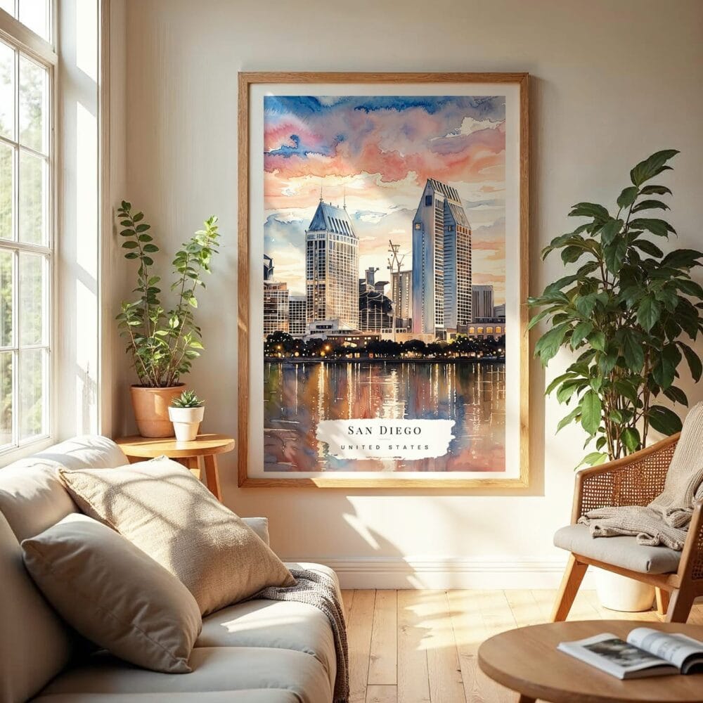 04 - San Diego Skyline Watercolor Wall Art in Boho Living Room 04 - San Diego Skyline Watercolor Wall Art in Boho Living Room