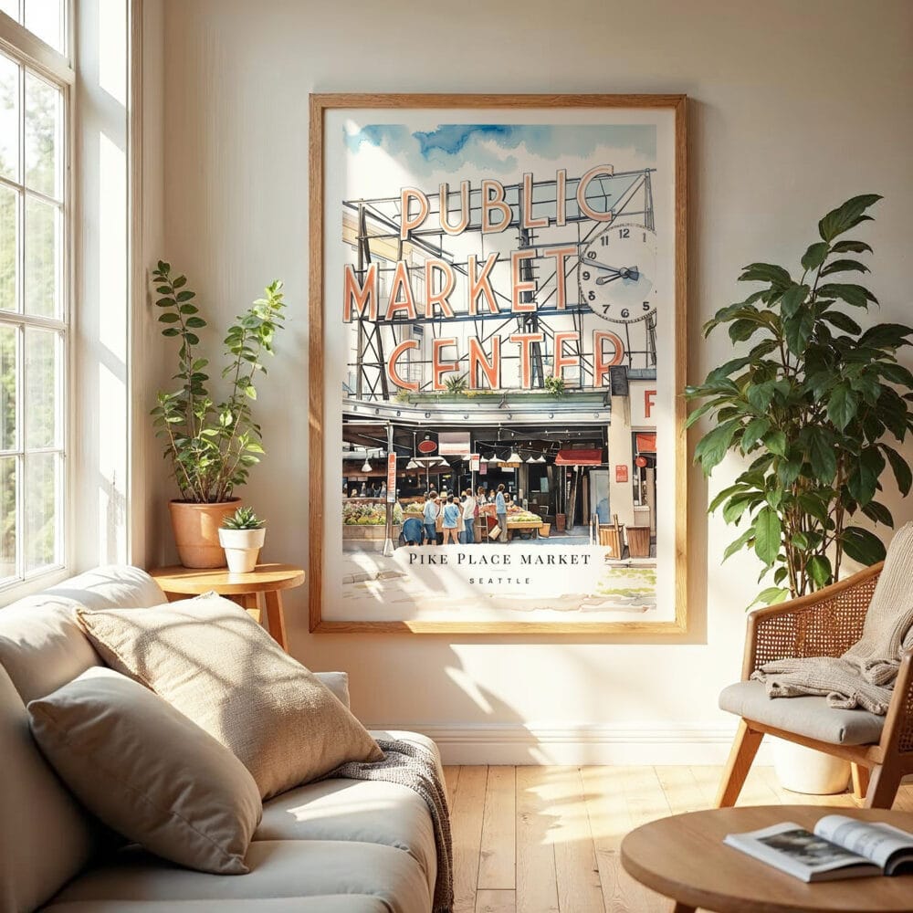04 - Seattle Pike Place Market Watercolor Wall Art in Boho Living Room 04 - Seattle Pike Place Market Watercolor Wall Art in Boho Living Room