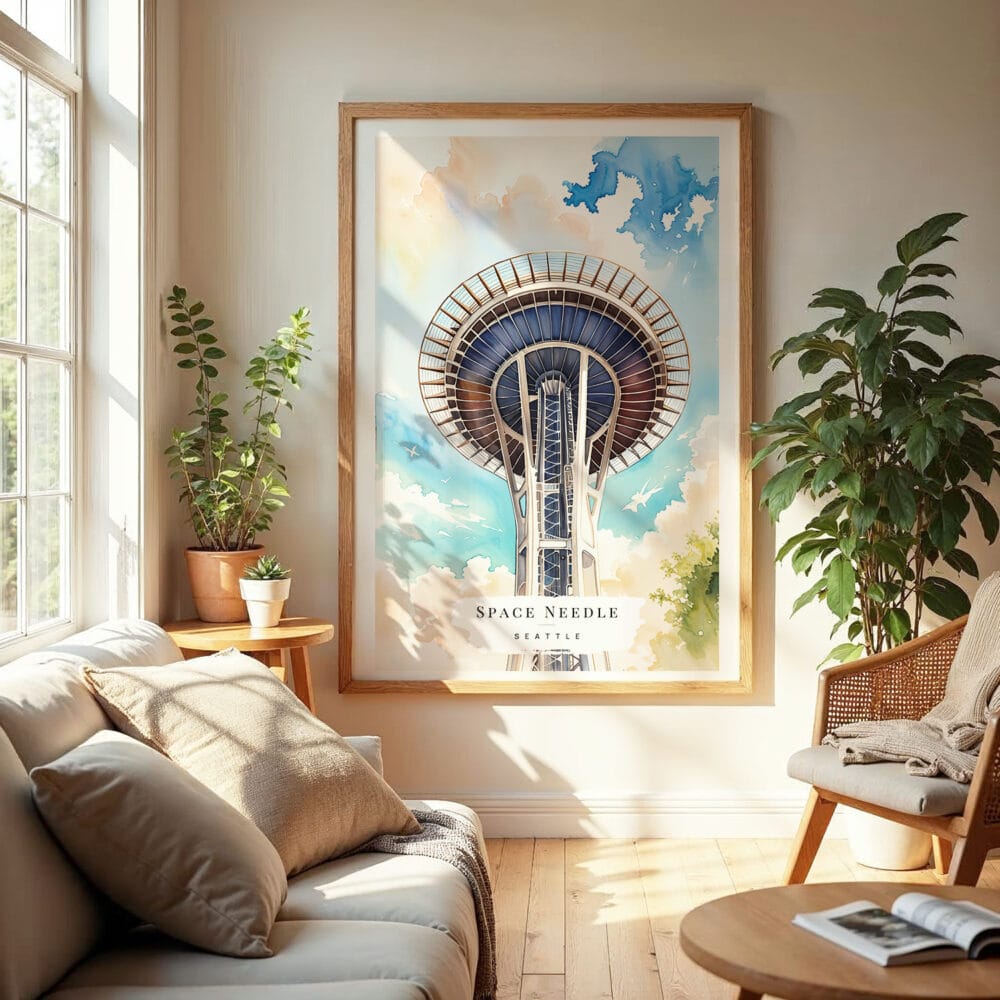 04 - Seattle Space Needle Closeup Watercolor Wall Art in Boho Living Room 04 - Seattle Space Needle Closeup Watercolor Wall Art in Boho Living Room