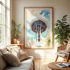 04 - Seattle Space Needle Closeup Watercolor Wall Art in Boho Living Room