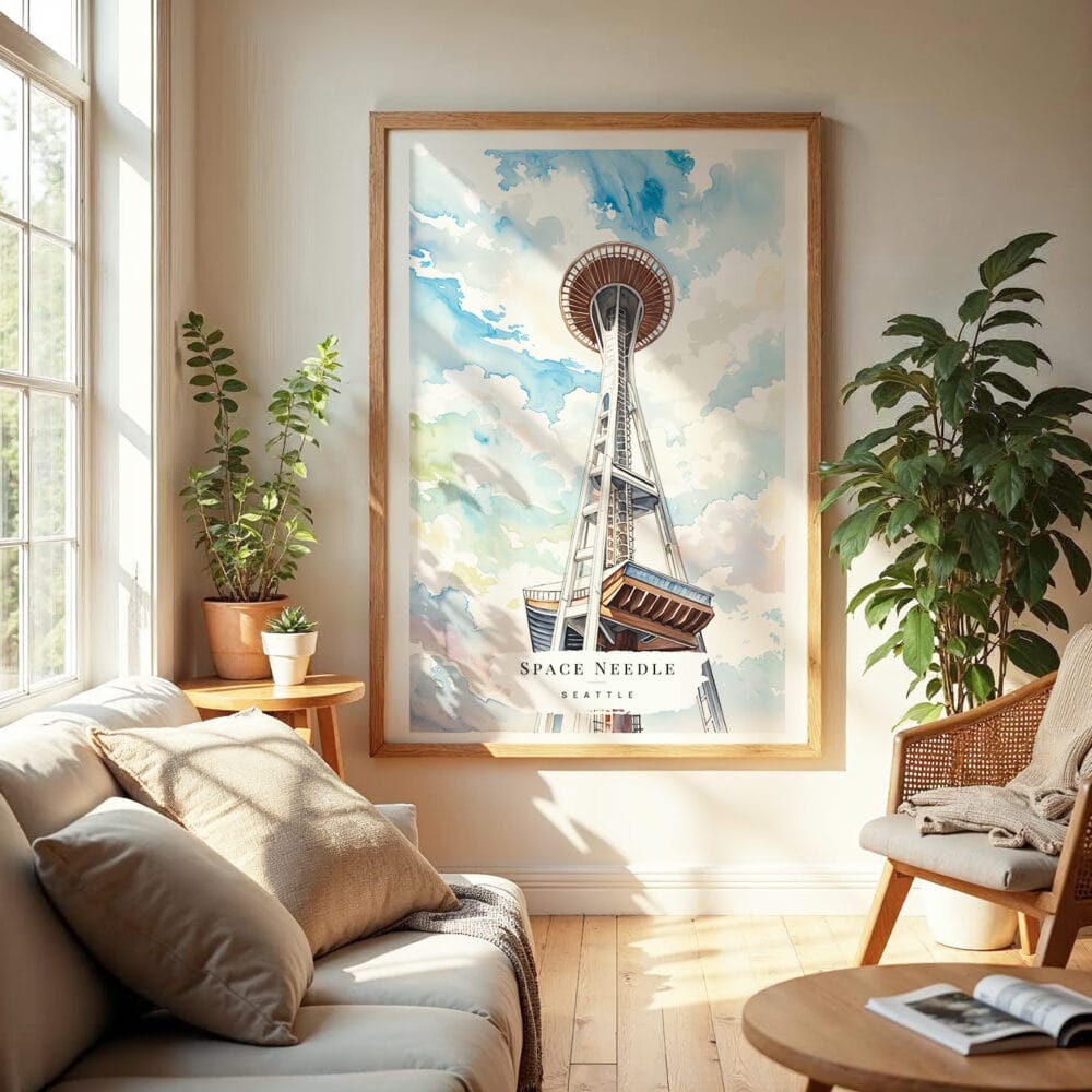 04 - Seattle Space Needle Watercolor Wall Art in Boho Living Room 04 - Seattle Space Needle Watercolor Wall Art in Boho Living Room