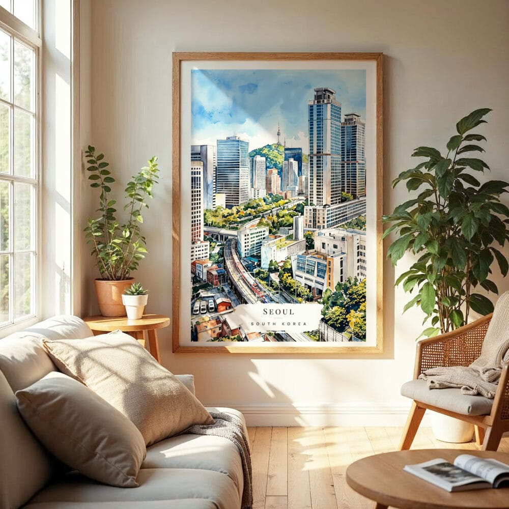 04 - Seoul Skyline Watercolor Wall Art in Boho Living Room 04 - Seoul Skyline Watercolor Wall Art in Boho Living Room