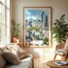 04 - Seoul Skyline Watercolor Wall Art in Boho Living Room