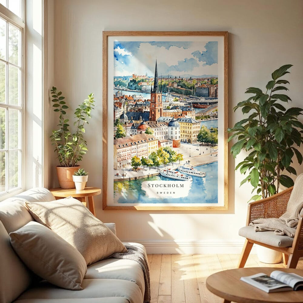 04 - Stockholm Skyline Watercolor Wall Art in Boho Living Room 04 - Stockholm Skyline Watercolor Wall Art in Boho Living Room