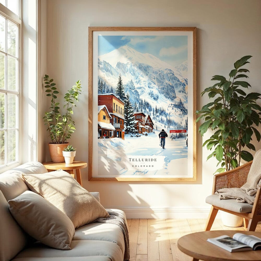 04 - Telluride Colorado Watercolor Wall Art in Boho Living Room 04 - Telluride Colorado Watercolor Wall Art in Boho Living Room