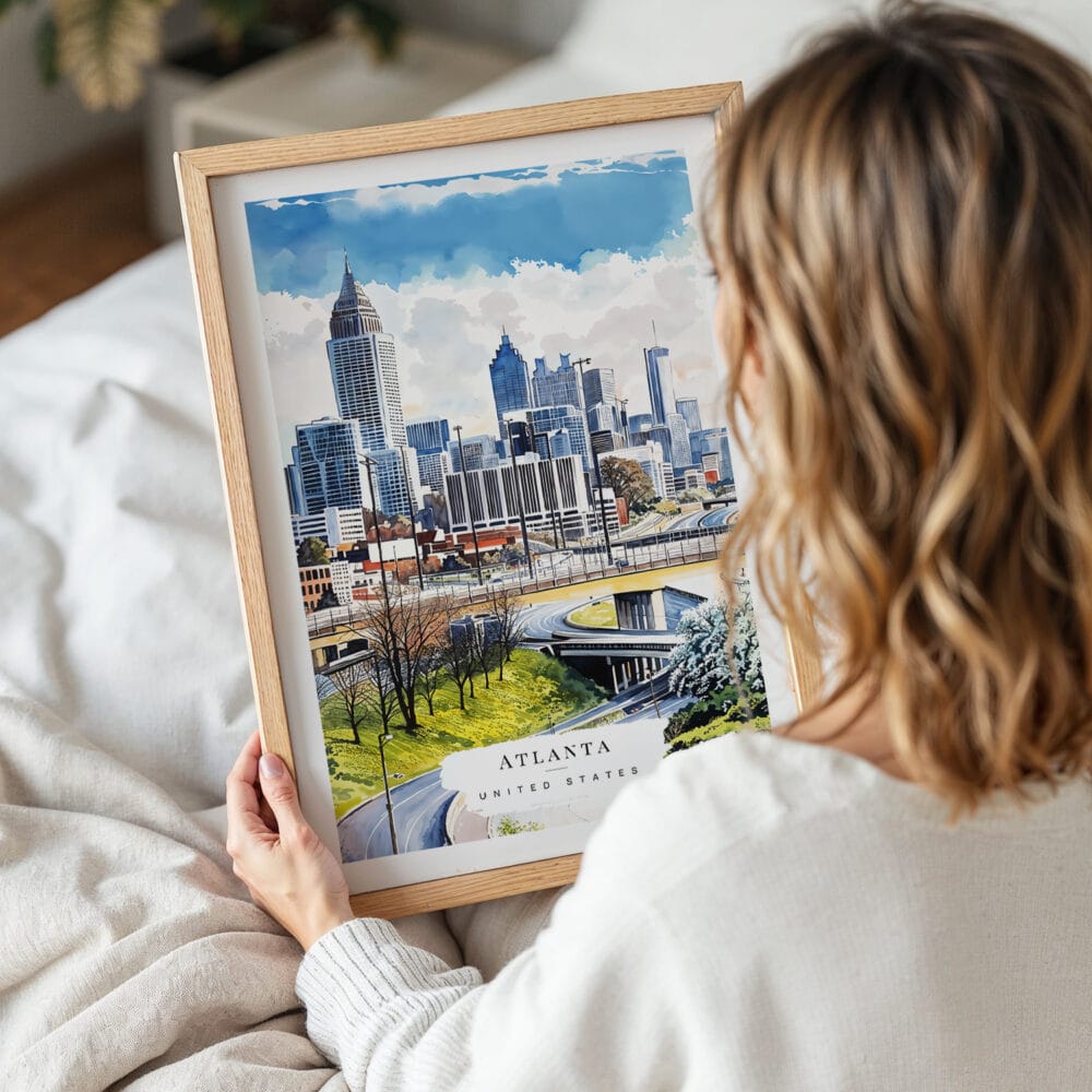 05 - Woman Holding Framed Atlanta Skyline Watercolor Wall Art - Portrait 05 - Woman Holding Framed Atlanta Skyline Watercolor Wall Art - Portrait