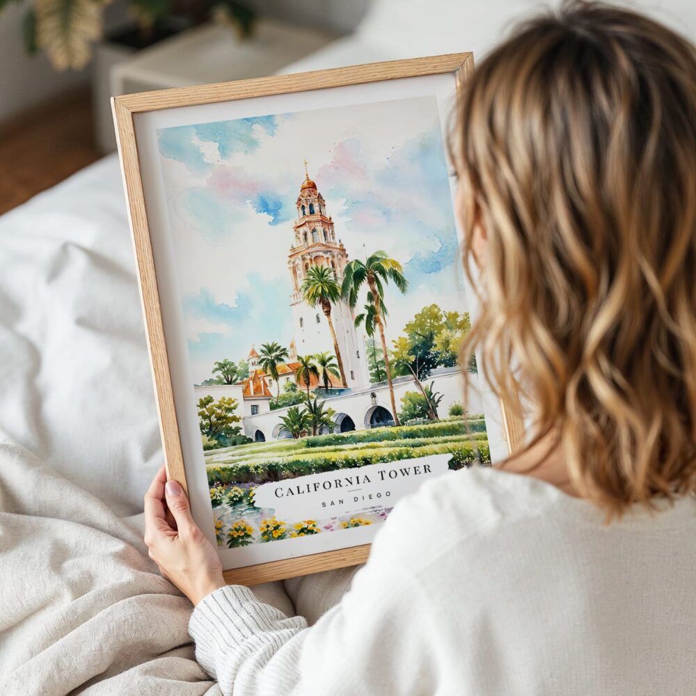 05 - Woman Holding Framed Balboa Park California Tower Watercolor Wall Art - Portrait 05 - Woman Holding Framed Balboa Park California Tower Watercolor Wall Art - Portrait