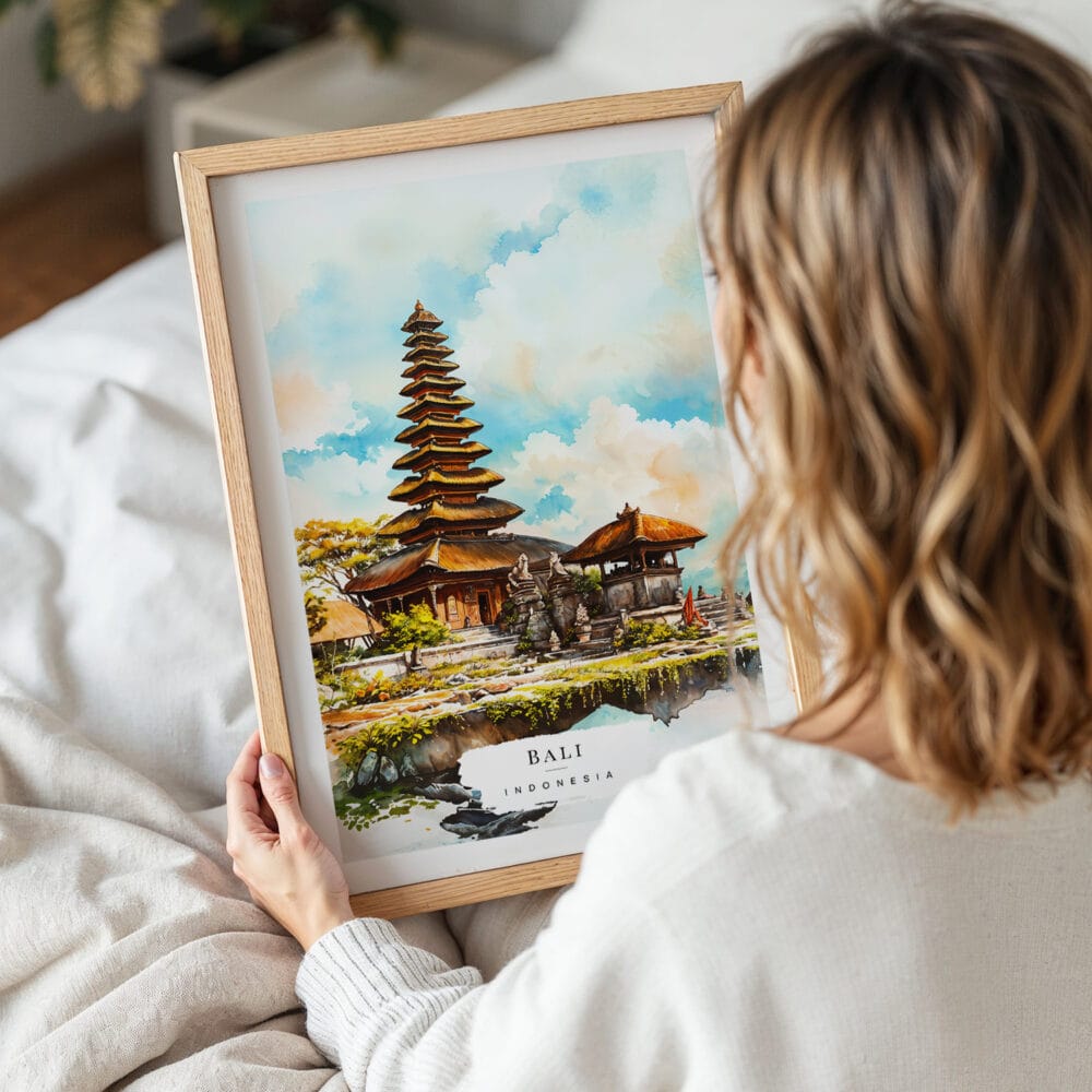 05 - Woman Holding Framed Bali Temple Watercolor Wall Art - Portrait 05 - Woman Holding Framed Bali Temple Watercolor Wall Art - Portrait