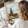 05 - Woman Holding Framed Bali Temple Watercolor Wall Art - Portrait