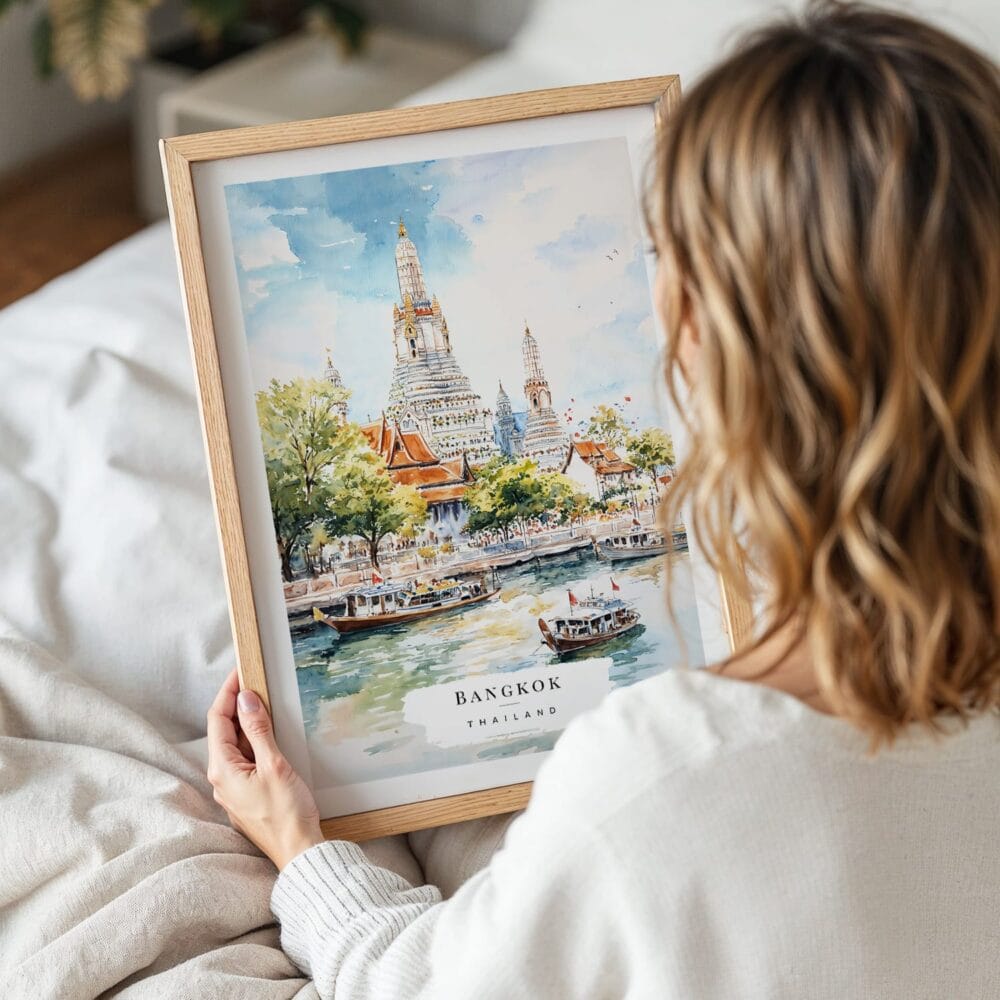 05 - Woman Holding Framed Bangkok Wat Arun Watercolor Wall Art - Portrait 05 - Woman Holding Framed Bangkok Wat Arun Watercolor Wall Art - Portrait