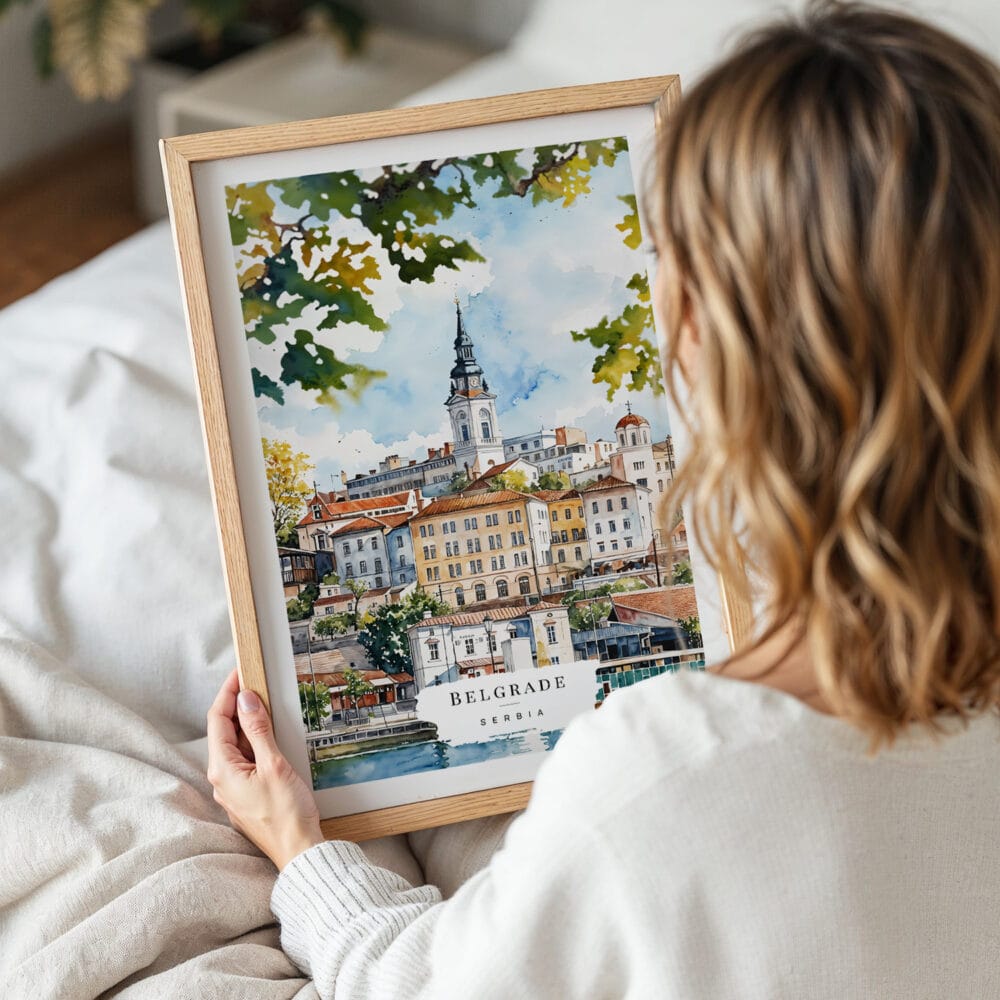 05 - Woman Holding Framed Belgrade Watercolor Wall Art - Portrait 05 - Woman Holding Framed Belgrade Watercolor Wall Art - Portrait