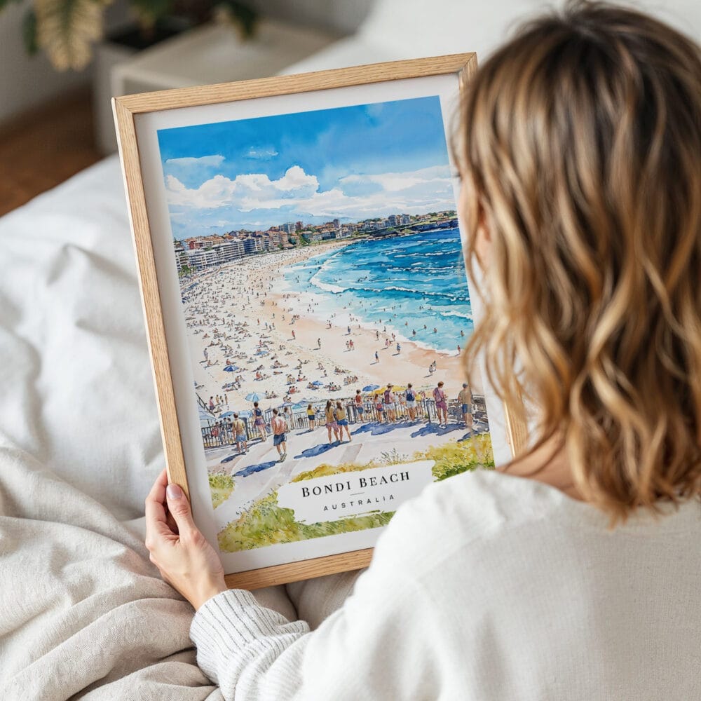 05 - Woman Holding Framed Bondi Beach Watercolor Wall Art - Portrait 05 - Woman Holding Framed Bondi Beach Watercolor Wall Art - Portrait