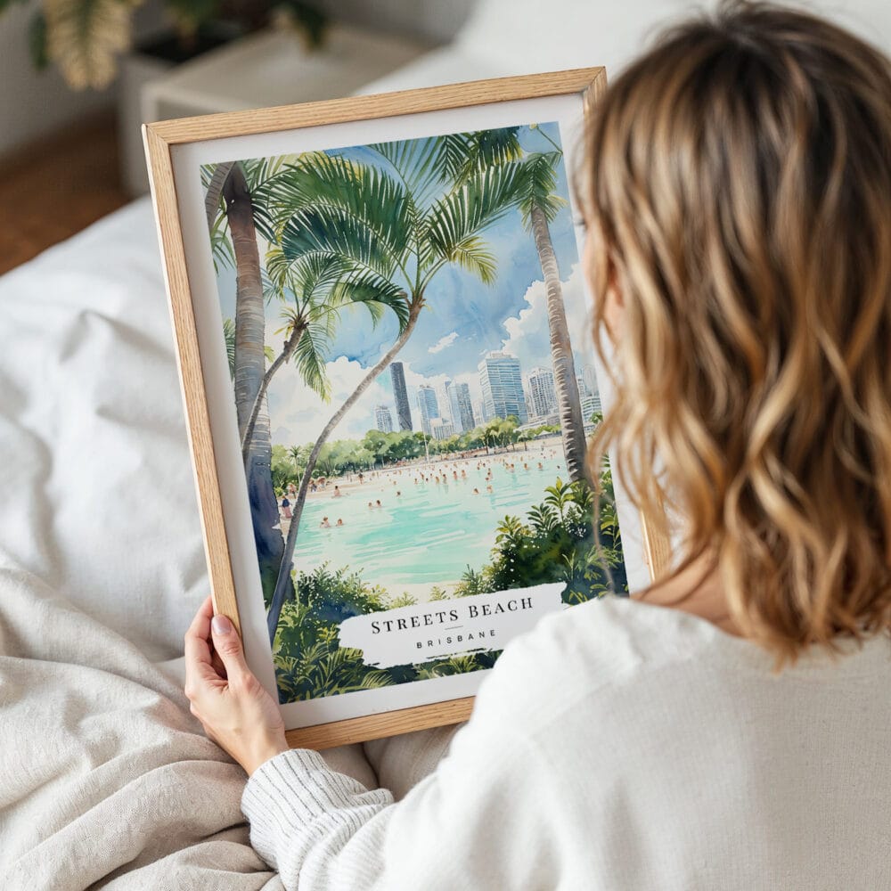 05 - Woman Holding Framed Brisbane Streets Beach Watercolor Wall Art - Portrait 05 - Woman Holding Framed Brisbane Streets Beach Watercolor Wall Art - Portrait