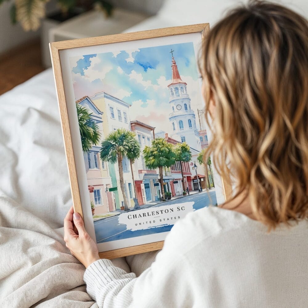 05 - Woman Holding Framed Charleston SC Watercolor Wall Art - Portrait 05 - Woman Holding Framed Charleston SC Watercolor Wall Art - Portrait