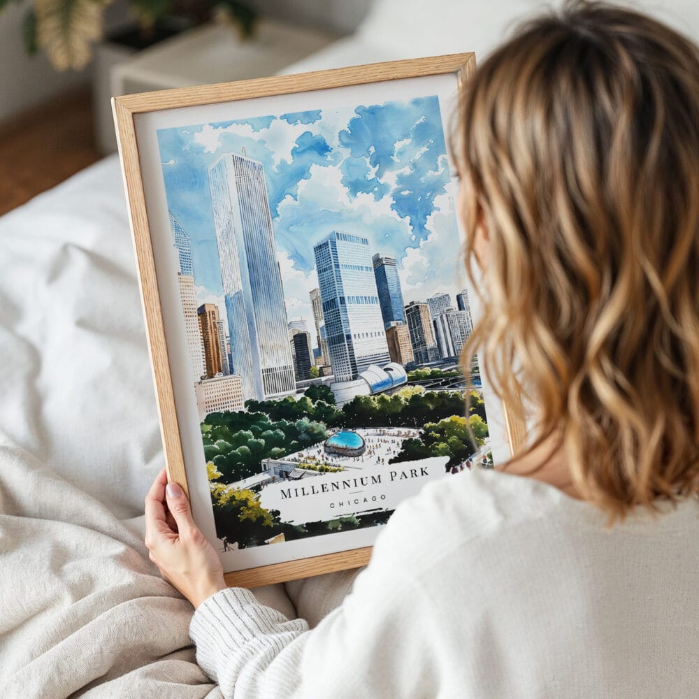 05 - Woman Holding Framed Chicago Millennium Park Watercolor Wall Art - Portrait 05 - Woman Holding Framed Chicago Millennium Park Watercolor Wall Art - Portrait