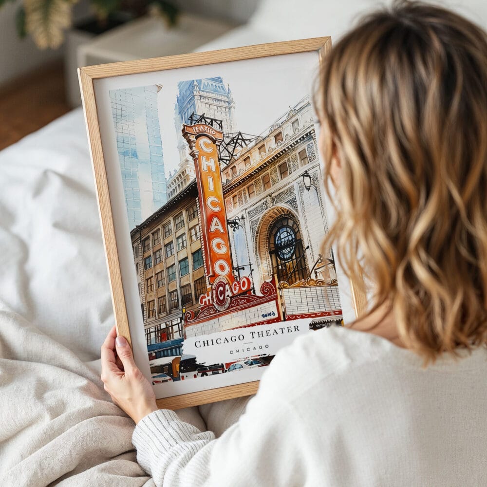 05 - Woman Holding Framed Chicago Theater Watercolor Wall Art - Portrait 05 - Woman Holding Framed Chicago Theater Watercolor Wall Art - Portrait