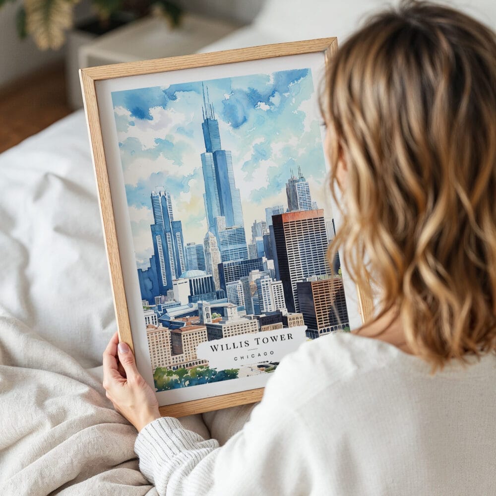 05 - Woman Holding Framed Chicago Willis Tower Watercolor Wall Art - Portrait 05 - Woman Holding Framed Chicago Willis Tower Watercolor Wall Art - Portrait