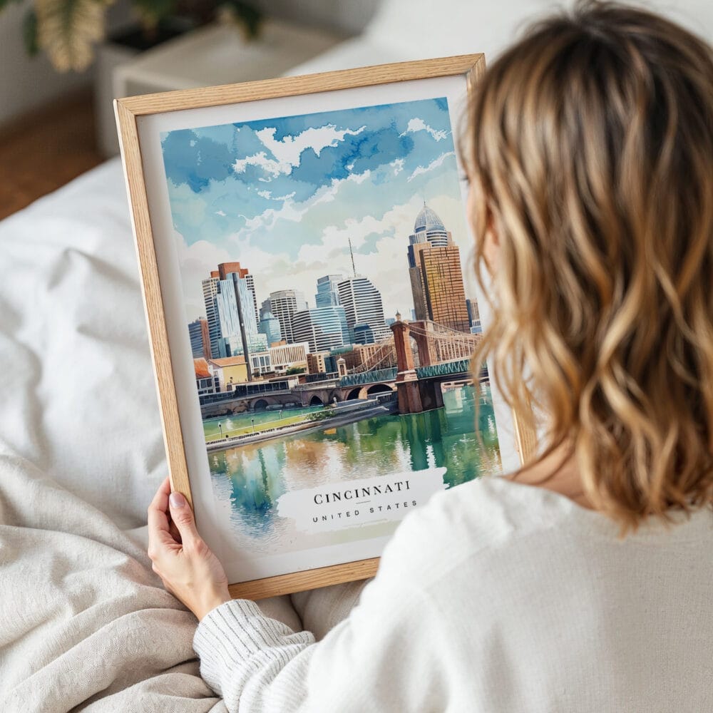 05 - Woman Holding Framed Cincinnati Ohio Watercolor Wall Art - Portrait 05 - Woman Holding Framed Cincinnati Ohio Watercolor Wall Art - Portrait