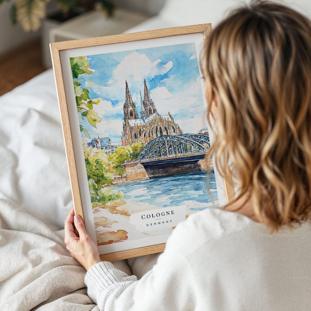 05 - Woman Holding Framed Cologne Cathedral Watercolor Wall Art - Portrait 05 - Woman Holding Framed Cologne Cathedral Watercolor Wall Art - Portrait