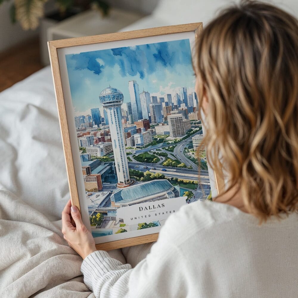 05 - Woman Holding Framed Dallas Texas Watercolor Wall Art - Portrait 05 - Woman Holding Framed Dallas Texas Watercolor Wall Art - Portrait