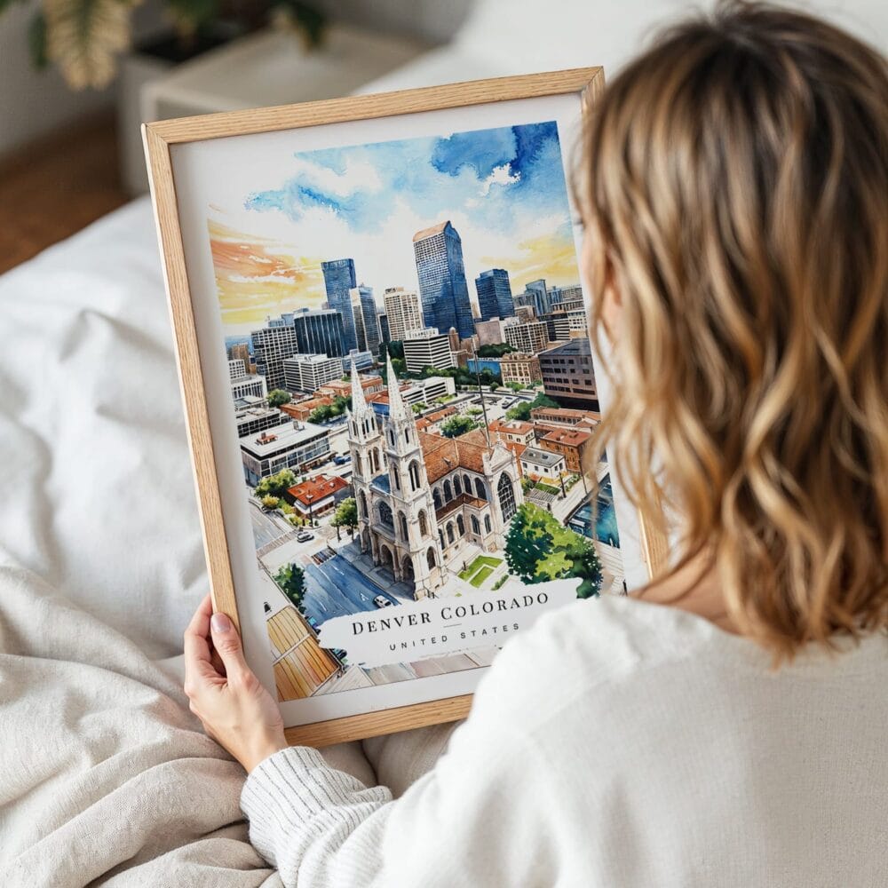 05 - Woman Holding Framed Denver Colorado Skyline Watercolor Wall Art - Portrait 05 - Woman Holding Framed Denver Colorado Skyline Watercolor Wall Art - Portrait