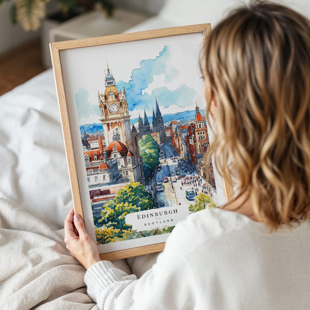 05 - Woman Holding Framed Edinburgh Skyline Watercolor Wall Art - Portrait 05 - Woman Holding Framed Edinburgh Skyline Watercolor Wall Art - Portrait