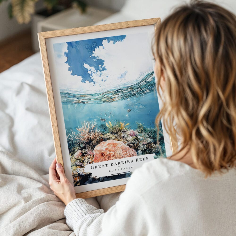 05 - Woman Holding Framed Great Barrier Reef Watercolor Wall Art - Portrait 05 - Woman Holding Framed Great Barrier Reef Watercolor Wall Art - Portrait