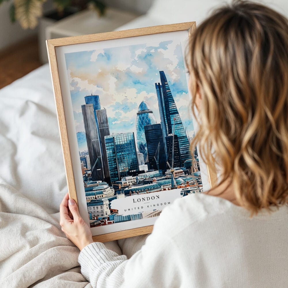05 - Woman Holding Framed London Business Skyline Watercolor Wall Art - Portrait 05 - Woman Holding Framed London Business Skyline Watercolor Wall Art - Portrait