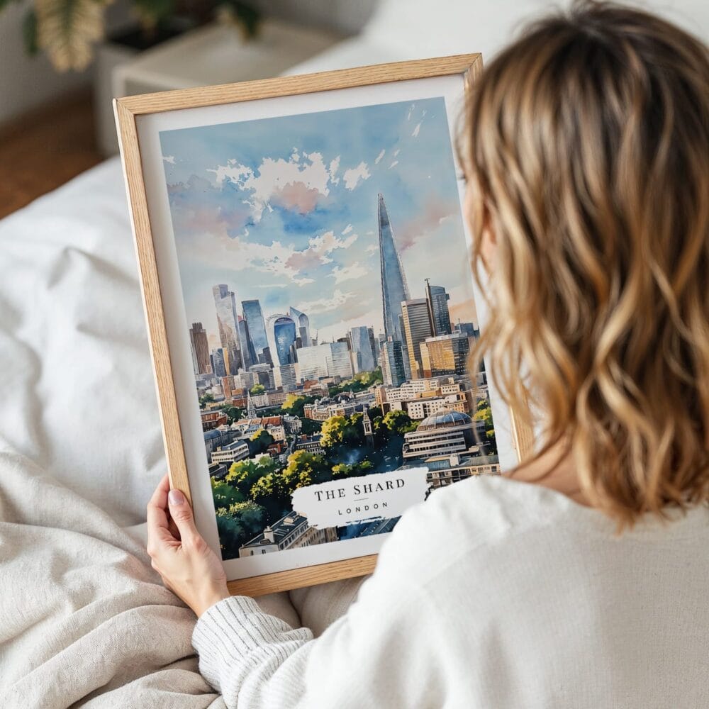 05 - Woman Holding Framed London The Shard Watercolor Wall Art - Portrait 05 - Woman Holding Framed London The Shard Watercolor Wall Art - Portrait