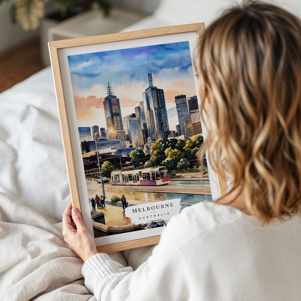 05 - Woman Holding Framed Melbourne Watercolor Wall Art - Portrait 05 - Woman Holding Framed Melbourne Watercolor Wall Art - Portrait