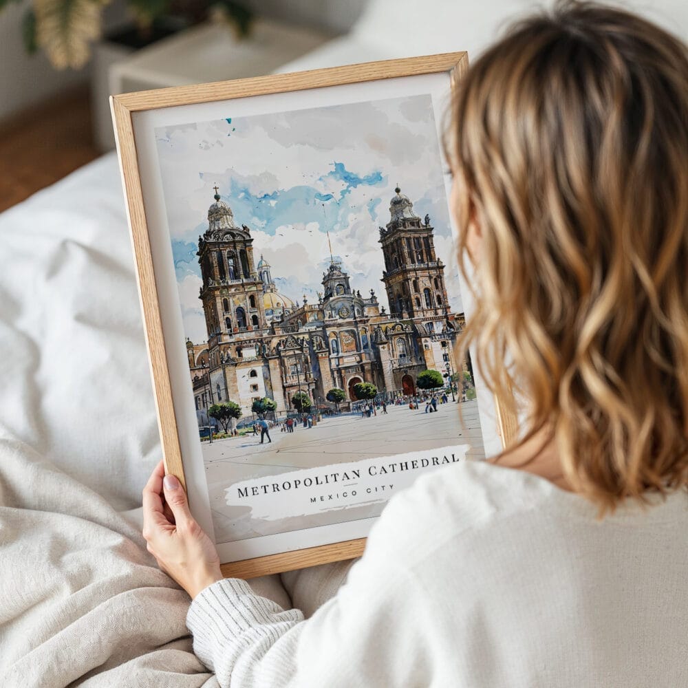 05 - Woman Holding Framed Mexico Metropolitan Cathedral Watercolor Wall Art - Portrait 05 - Woman Holding Framed Mexico Metropolitan Cathedral Watercolor Wall Art - Portrait