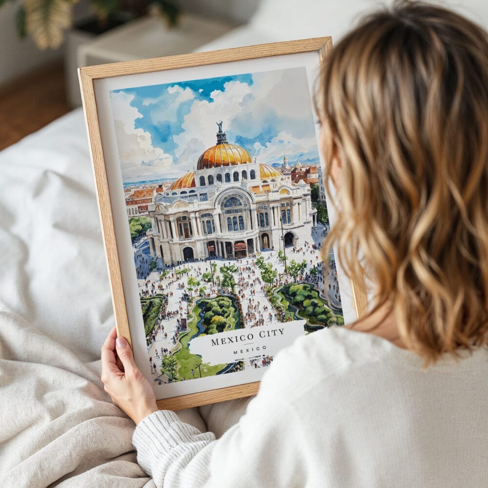05 - Woman Holding Framed Mexico Palacio de Bellas Artes Watercolor Wall Art - Portrait 05 - Woman Holding Framed Mexico Palacio de Bellas Artes Watercolor Wall Art - Portrait
