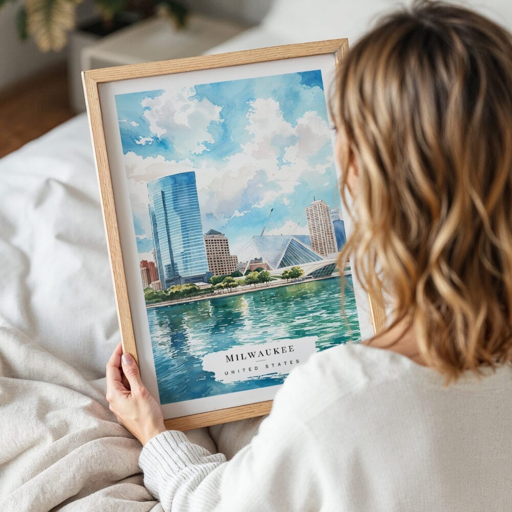 05 - Woman Holding Framed Milwaukee Skyline Watercolor Wall Art - Portrait 05 - Woman Holding Framed Milwaukee Skyline Watercolor Wall Art - Portrait