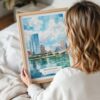 05 - Woman Holding Framed Milwaukee Skyline Watercolor Wall Art - Portrait