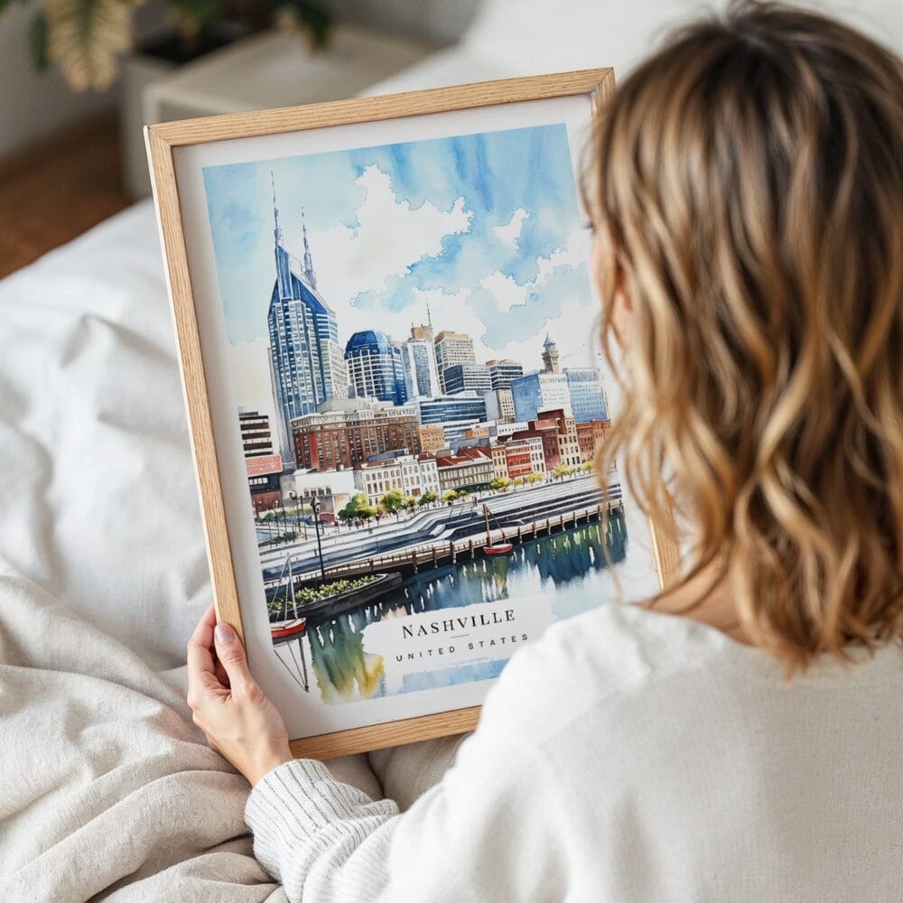 05 - Woman Holding Framed Nashville Skyline Watercolor Wall Art - Portrait 05 - Woman Holding Framed Nashville Skyline Watercolor Wall Art - Portrait
