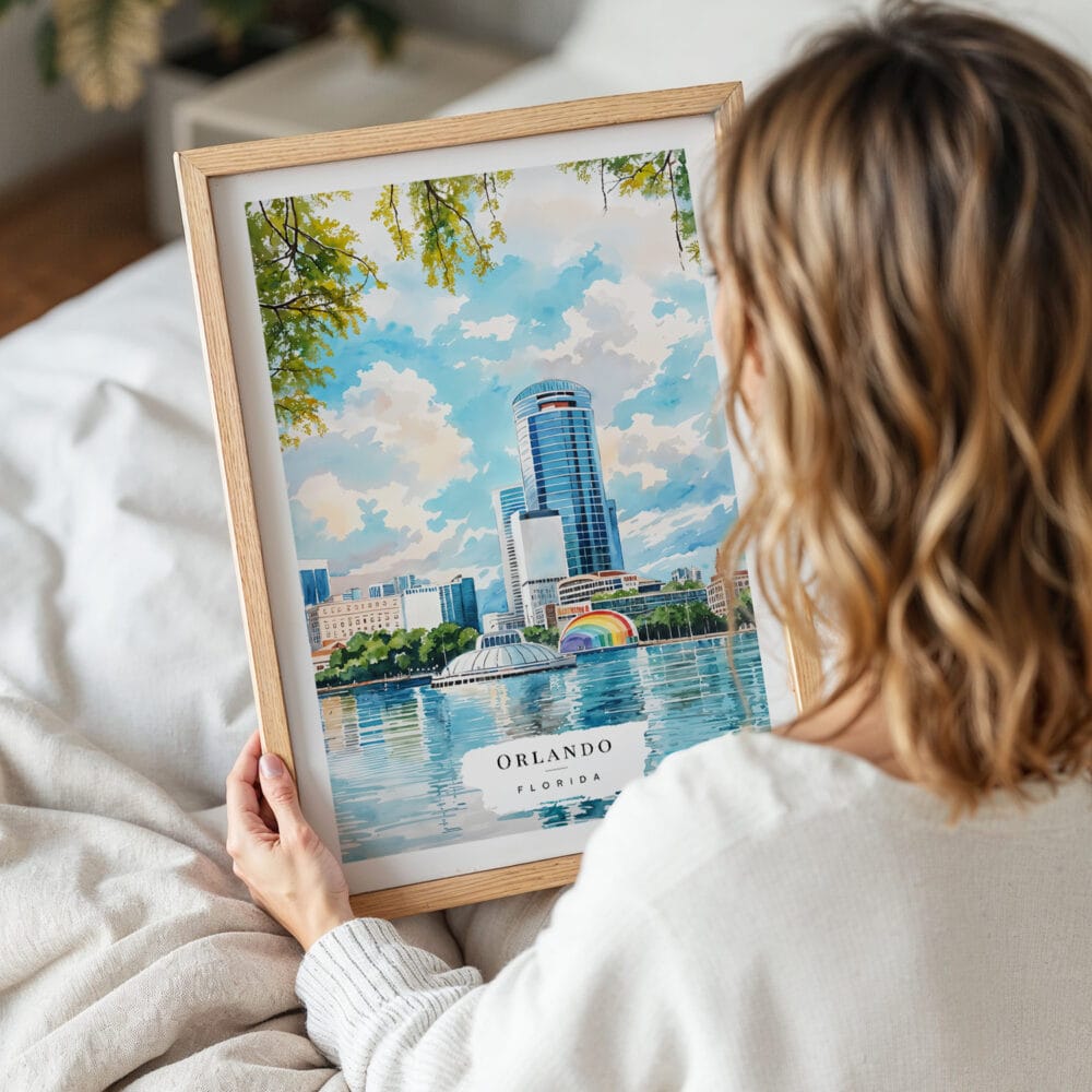 05 - Woman Holding Framed Orlando Florida Watercolor Wall Art - Portrait 05 - Woman Holding Framed Orlando Florida Watercolor Wall Art - Portrait