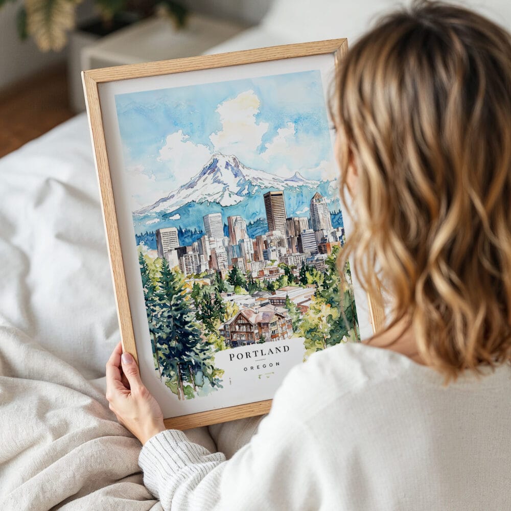 05 - Woman Holding Framed Portland Oregon Watercolor Wall Art - Portrait 05 - Woman Holding Framed Portland Oregon Watercolor Wall Art - Portrait