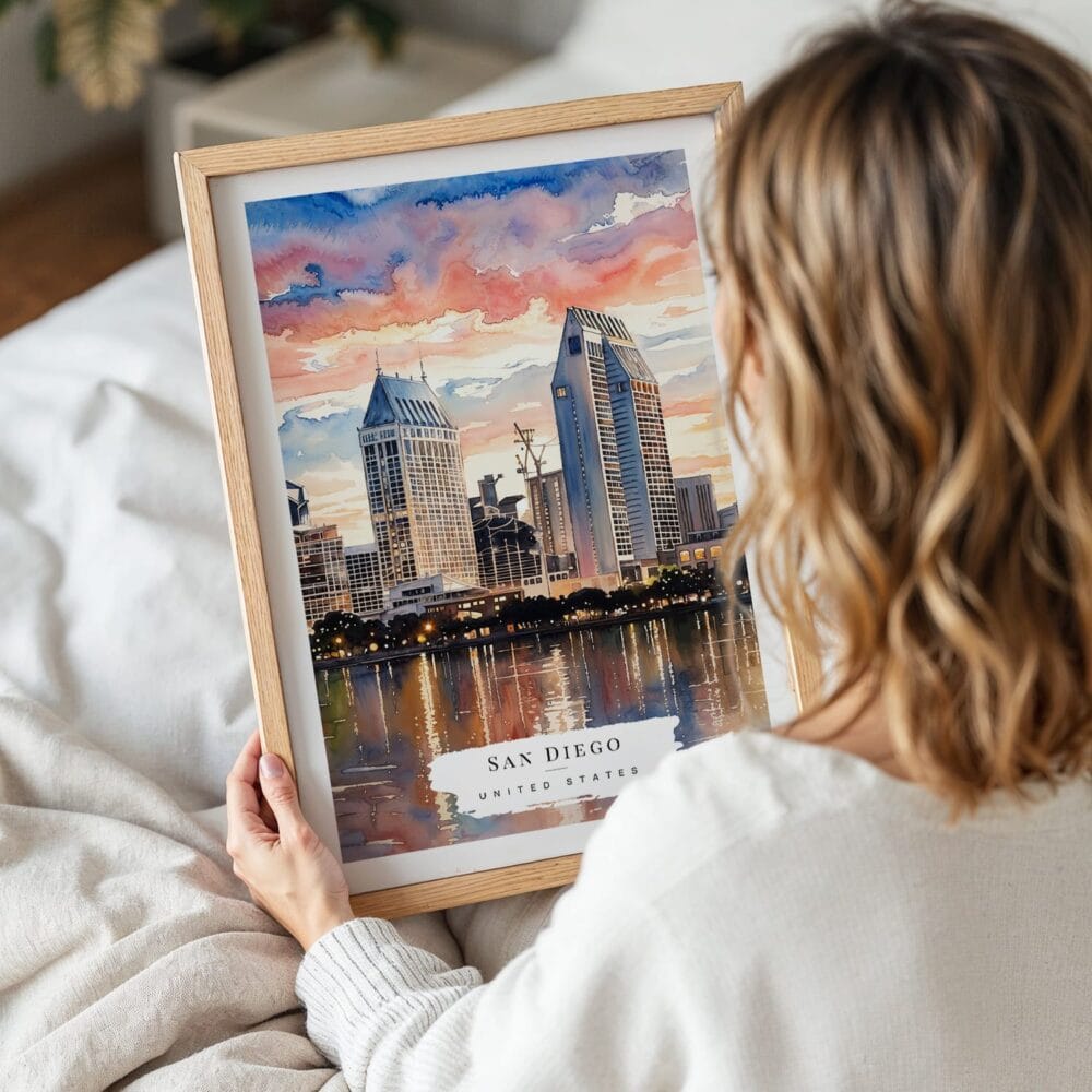 05 - Woman Holding Framed San Diego Skyline Watercolor Wall Art - Portrait 05 - Woman Holding Framed San Diego Skyline Watercolor Wall Art - Portrait