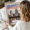 05 - Woman Holding Framed San Diego Skyline Watercolor Wall Art - Portrait